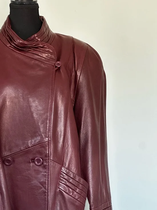 Vintage 1980s Buttery Soft Leather Coat | Funnel Neck | Burgundy - Picture 3 of 12